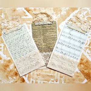 😀 HAND CRAFTED set of 3 flash card pockets with tag bookmarks vintage